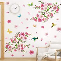 Stiker Dinding Bunga Sakura Merah Muda Bunga Persik Kupu-kupu Burung Seni Dekorasi Pohon Cabang Bunga Natal PVC Kamar Tidur
