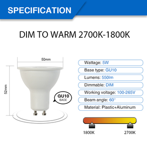 หลอดไฟ LED GU10 ปรับความสว่างได้ แสงวอร์มไวท์ 2700K-1800K ไฟสปอตไลท์หรี่แสงได้ สำหรับใช้ภายในอาคาร ประหยัดพลังงาน AC120V GU10 - Product Image 4