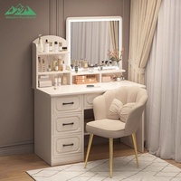 Coiffeuse moderne en bois avec miroir LED amovible, multiples tiroirs de rangement, étagères et chaise rembourrée en velours – Mobilier de chambre