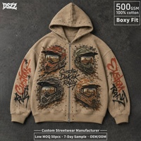 Sweat à capuche zippé 500 g/m² coupe ample, motif casque de motocross et graffiti, couleur sable désert, avec strass, personnalisable, faible MOQ, échantillon en 7 jours