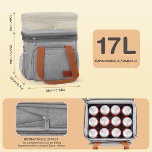 Large Capacity 17L Expandable Double Deck Insulated Lunch Bag Leakproof Reusable Cooler Tote Box with Shoulder Strap for Work - Product Image 2