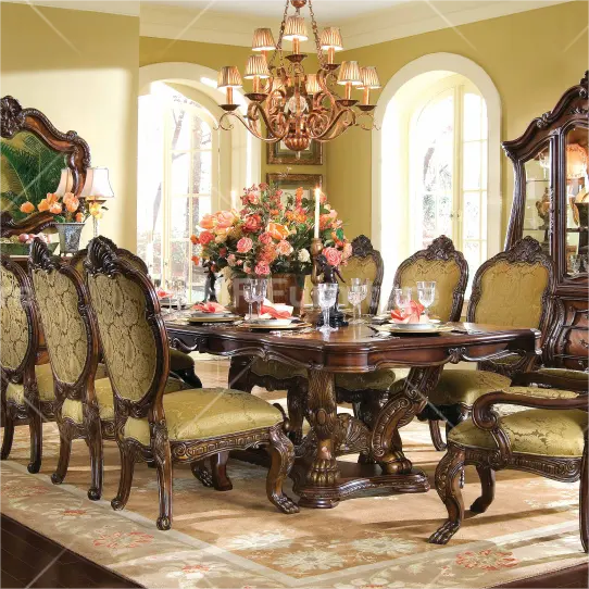 Juego de mesa de comedor de lujo americano, mesas y sillas reales, muebles de comedor redondos tallados en madera maciza clásica antigua