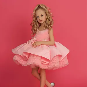 2024 Newest Children Luxury Ball Gown Pink Bow Princess Sequin Puffy Dresses Baby Girls Party Formal Prom Gown For 10-11Yrs