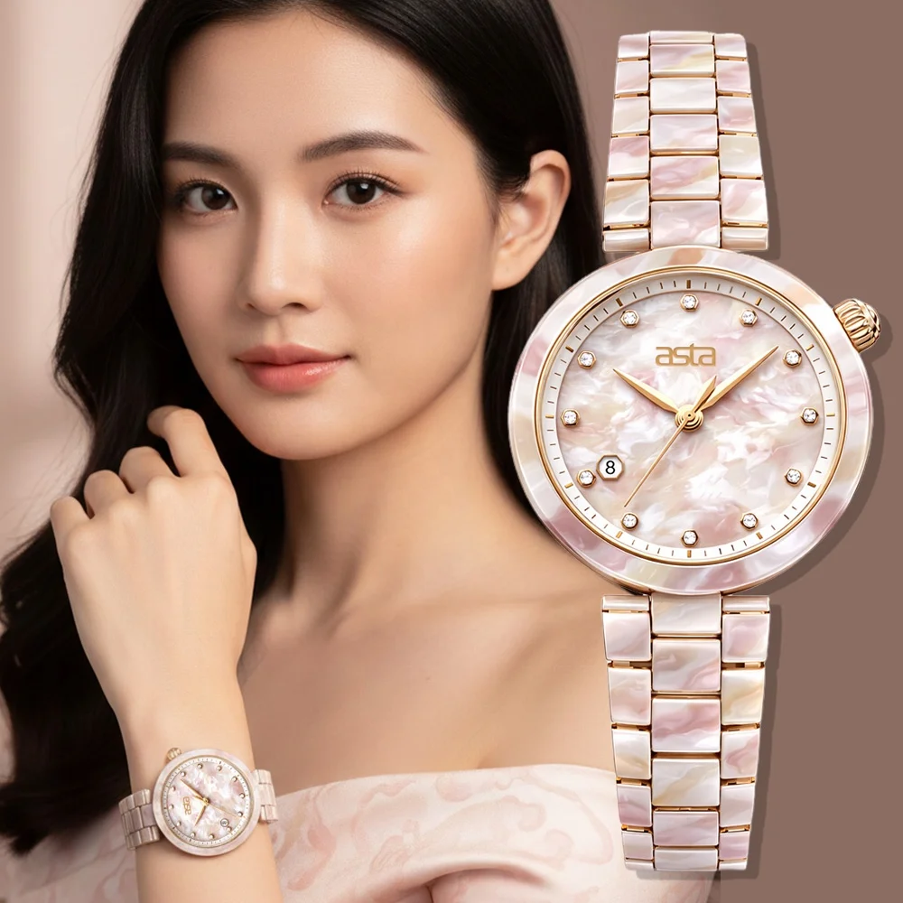 Asta Women Acetate Quartz Watch Manufacturer Supply Pearlescent Pink Marble Elegant Mother Pearl Dial Multi Color Customization