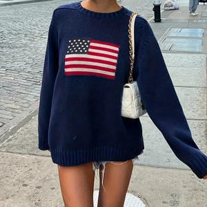 Pull tricoté à col rond avec drapeau américain et ourlet côtelé Vente en gros OEM/ODM Mélange de laine personnalisé Intarsia Knitwear Causal Women Pullover - Product Image 4