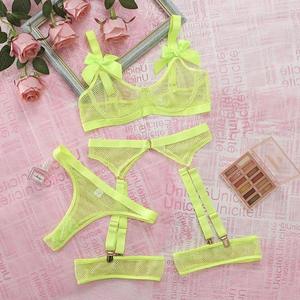 Soutien-gorge à armatures sexy vert néon YB avec nœud papillon, string, jarretelles, lingerie transparente en maille, vêtements de nuit pour femmes, vente en gros - Product Image 6