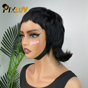 Pelucas de Cabello Humano con Flequillo Estilo Pixie, Rizadas, Color 1b, Cabello Humano Virgen para Mujeres Negras, Resistentes a Mordeduras de Perros - Product Image 1