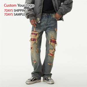 Jean en denim de haute qualité à jambe large, style streetwear décontracté, délavage effet neige, effet usé personnalisé, coupe droite, coupe ample, déchiré, taille mi-haute - Product Image 2