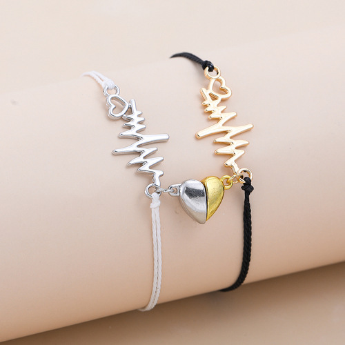 European and American Magnet Electrocardiogram Couple Girlfriend Bracelet Set Black White Braided Love Absorbent H
