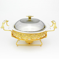 Plat de service rond en céramique de luxe doré 11/13 pouces pour mariage, hôtel, buffet, chauffe-plats avec réchaud