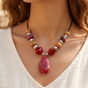 Boho Leather Cord Necklace Wooden Bead Mixed Colors Agate Pendant Women Casual Vintage Neck Ornament - Product Image 1