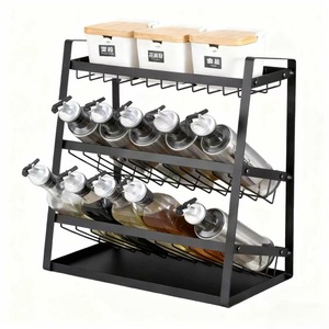 Multi Layer Metal Spice <b>Rack</b> With Wooden Lid For <b>Kitchen</b> Bottle Storage 3 Tier Organizer - Product Image 1