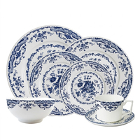 Service de table en céramique bleu floral vintage personnalisé, assiettes, bols, tasses à thé et soucoupes en porcelaine fine de diverses formes