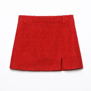 Front slit zipper fly red color hot sale casual fashion tweed mini skirt for women