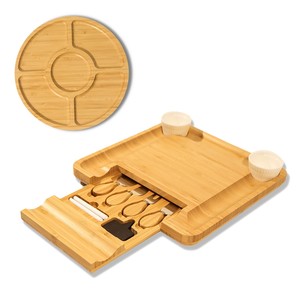 Tabla de cortar de queso cuadrada de bambú con juego de cuchillos Tabla de charcutería de madera que incluye bandeja redonda para servir y plato de cerámica - Product Image 1