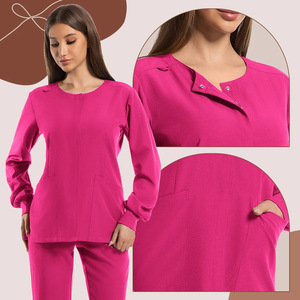HZMNOI Women's <b>Scrub</b> Suit Two Piece Set Long Sleeve Round Neck Knitted Moisture Wicking Hospital Uniforms - Product Image 4