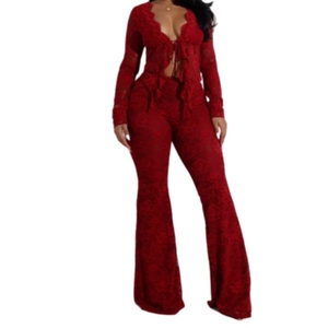 Women's <b>Sexy</b> Tie Hollow Cardigan Long Sleeve Lace Shirt Long Pants 2 Piece <b>Set</b> Fashion - Product Image 1