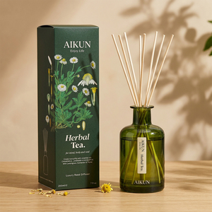 Aikun 200ml Green Glass Cylinder Sticker Label <b>Reed</b> <b>Diffuser</b> Box Set <b>For</b> Decor Store 3 Day Sample 7 Day Ship Custom Scent - Product Image 1