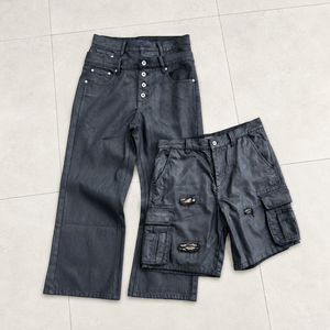 YUCHEN Jeans Jorts da Uomo in Denim Cerato Stile Rock Revival, Vestibilità Larga Streetwear, con Lavaggio Vintage Personalizzato e Cintura a Doppio Strato, Modello Boot Cut - Product Image 3