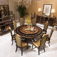 Table à manger rectangulaire en bois sculpté, finition laquée brillante marron classique française, 6 à 8 chaises de salle à manger avec broderies et rembourrage.