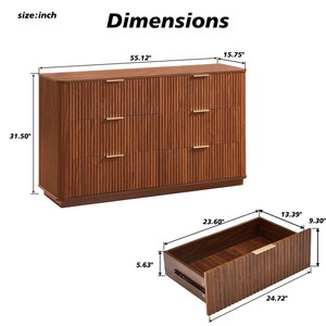 Commode moderne à 6 tiroirs en bois massif avec design ondulé incurvé, meuble TV de 55 pouces de large pour chambre, salon et couloir - Chêne - Product Image 6