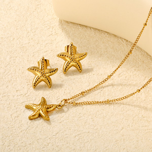 Ensemble boucles d'oreilles et collier étoile de mer, plaqué or, acier inoxydable, bijoux pour femme, cadeau, design vie marine - Product Image 3