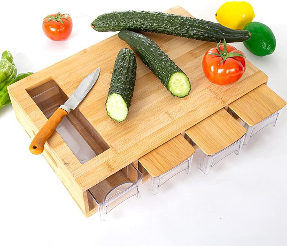 Пользовательский Лазерный Логотип разделочная доска бамбуковая разделочная доска с 4 съемными ящиками для хранения