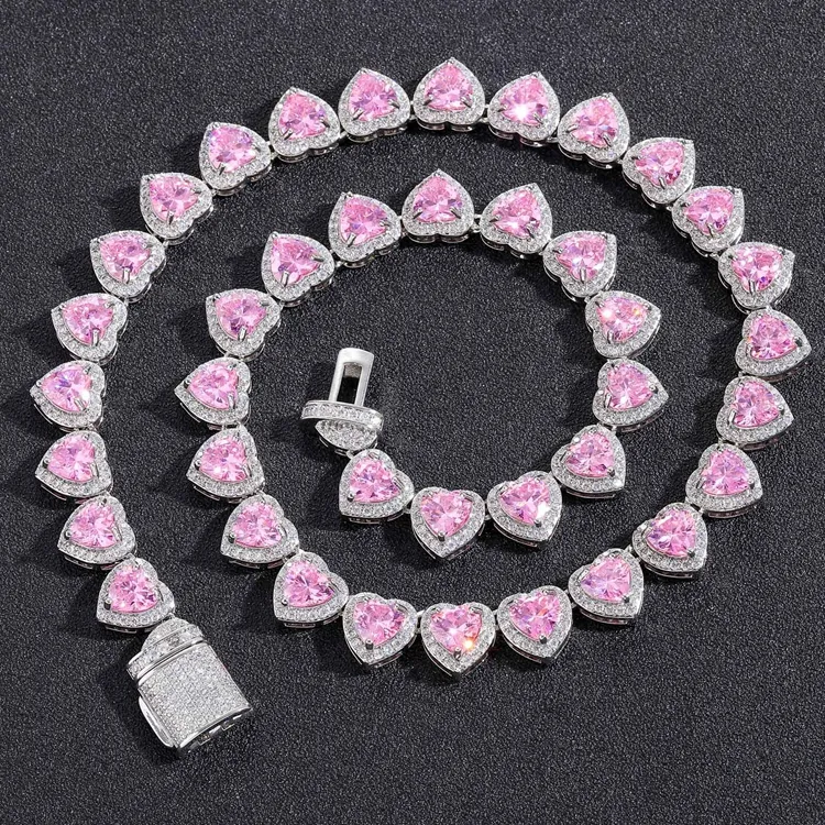 Cadeaux de Saint-Valentin amour coeur forme cristal rose diamant collier tour de cou hiphop coeur chaîne de cou pour les femmes