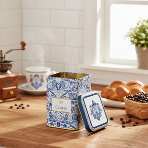 Kontensan ER018Y1 90x90x125 mm Recyclable Square Metal Tin <b>Box</b> 1L Slip <b>Lid</b> Azulejo-Inspired Blue White <b>Decorative</b> Pattern Food - Product Image 3