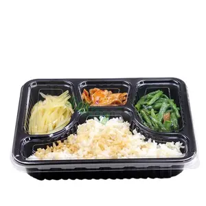 กล่องใส่อาหารกลางวันแบบใช้แล้วทิ้ง,กล่องใส่อาหารพลาสติกพร้อมฝาปิดใส่ไมโครเวฟสีดำ4ช่อง