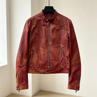 Blouson Moto Homme Vintage en Cuir Bruni Col Rabattu Multi-Poches Zippées Coupe Slim Coupe-Vent Écologique