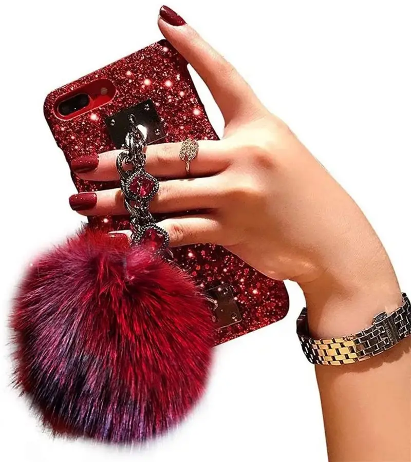 SE 2020 Phone Case For iPhone 11 12 Pro Max XR X XS Bling Glitter Shining Flash Hard Back Cover 8 Plus with Hand Strap Fur Ball