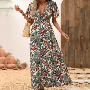 Nuevo diseño personalizado Casual elegante de manga corta con cuello en V Maxi vestido bohemio para las mujeres