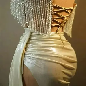 Abito Estivo <span class=keywords><strong>da</strong></span> Donna Sexy con Frange, Tubino in Chiffon Lunghezza Tè, Asimmetrico con Paillettes, Naturale per Feste, Serate, Balli di Gala, Compleanni - Product Image 2