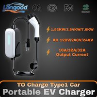 LONGOOD 2026 J1172 Type1 Station de recharge portable pour véhicules électriques AC 120/240V 1.92/3.84/7.6KW Chargeur LED/Wifi/