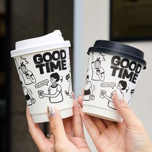 Vasos de Papel Desechables de Doble Pared de 10oz Personalizados con Recubrimiento para Café, Té con Leche y Bebidas Calientes, con Tapas y Diseños de Graffiti Pintados a Mano - Product Image 1