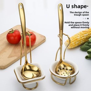 Ensemble Cuillères Dorées Support Ustensiles de Cuisine Chinois <span class=keywords><strong>Louche</strong></span> Pot Chaud Passoire Acier Inoxydable <span class=keywords><strong>Bois</strong></span> Plastique Préparation Soupe - Product Image 3