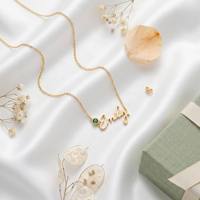 Collar con Nombre Personalizado y Piedra de Nacimiento, Colgante de Acero Inoxidable con Placa de Nombre, Chapado en Oro de 18K, Regalo de Joyería para Mujeres y Madres