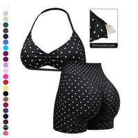 Set Olahraga Wanita Polka Dot Halter Sports Bra Celana Pendek High Waist Scrunch Butt 2 Potong Set Yoga Activewear