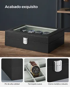 Nützliche Schmuck uhr Aufbewahrung sbox 4 Gitter Fall mit großem Glas deckel Abnehmbares Kissen Kunstleder Geschenk für Männer Frauen - Product Image 5