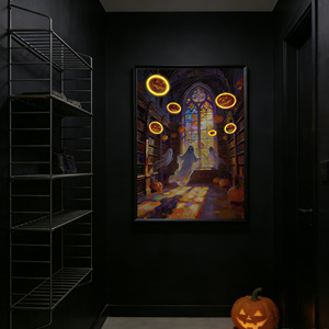 Art mural moderne imprimé <span class=keywords><strong>sur</strong></span> le thème d'Halloween, encadré dans du bois, orné <span class=keywords><strong>de</strong></span> motifs magiques et <span class=keywords><strong>de</strong></span> citrouilles, idéal pour la décoration intérieure. - Product Image 5