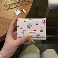 Cartera corta con lazo de cereza de estilo coreano para mujer, con múltiples ranuras para tarjetas, bolsa multifuncional para guardar documentos de identidad