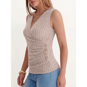 FOXA Camiseta sin mangas de punto acanalado para mujer, cuello en V, sin mangas, con detalle de botones, corte ajustado, informal, para verano - Product Image 5