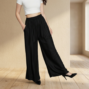 Pantalon Palazzo Décontracté en Rayonne pour Femme, Taille Élastique Mi-Haute, Longueur Intégrale, Respirant, Écologique, Imprimé Floqué, Teint Uni, Idéal Été - Product Image 3