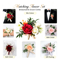 Boutonnière en satin avec rose rouge et verdure, nouée à la main, pour le marié, le témoin, le père, mariage, banquet, bal, décoration de revers de costume