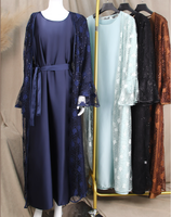 Robe longue Abaya Kaftan à manches longues avec dentelle brodée de fleurs et sequins, taille plus, mode modeste, vêtements pour le Ramadan et l'Aïd