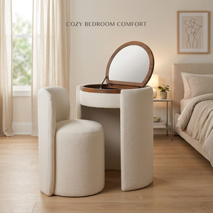 Modern Cream Boucle Vanity <b>Table</b> Set Flip Top Mirror Makeup Desk with Stool Cabinet for Bedroom Furniture - Product Image 1