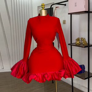 Abito a vita alta da donna con collo alto, <span class=keywords><strong>rosso</strong></span>, <span class=keywords><strong>midi</strong></span>, con volant, sexy e chic, per feste primaverili - Product Image 2