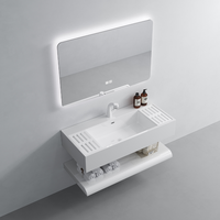 Cermin LED Vanity Kamar Mandi Dinding dari Batu Buatan Mewah dengan Kabinet Material Solid Surface untuk Hotel Modern