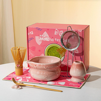Ensemble de thé matcha en céramique série couleur, options 4, 5, 7 ou 8 pièces, avec bol à bec verseur, support pour chasen en bambou, tamis, cuillère, boîte cadeau, vente en gros